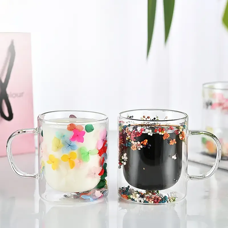 Kuru Çiçekli, Isıya Dayanıklı, 380ml/12.8oz Çift Cidarlı Kupa Bardak