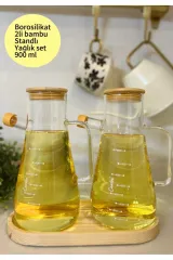 Bambu Kapaklı Vakumlu Borosilikat 3'lü Set Cam Yağlık Sirkelik Bambu Altlık