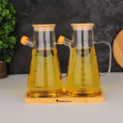 Bambu Kapaklı Vakumlu Borosilikat 3'lü Set Cam Yağlık Sirkelik Bambu Altlık